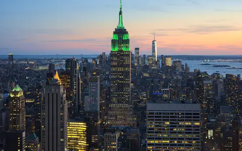 The Empire State Building and Midtown Manhattan at dusk, seen from Top of the Rock