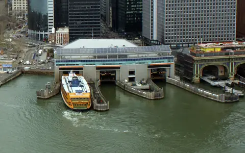 A Staten Island Ferry boat docked at the Whitehall terminal