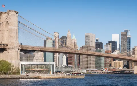 The Brooklyn Bridge and Lower Manhattan skyline from Pebble Beach, Brooklyn